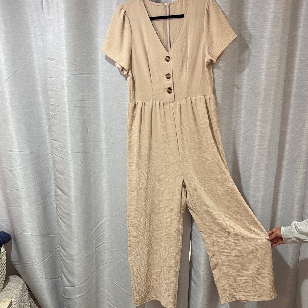 Beige Button-Front Jumpsuit